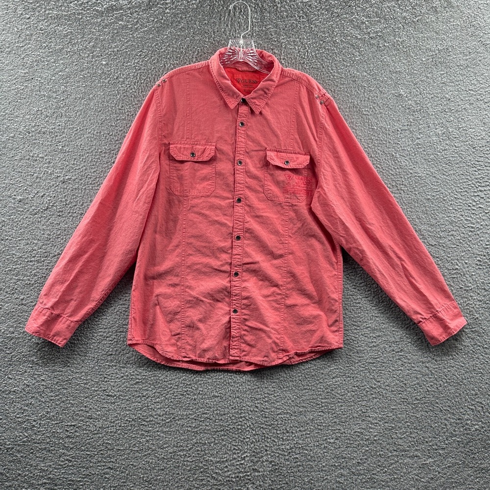 Guess Mens Minimalist Button‎ Front Shirt XL Red Gorpcore Utility Outdoor Casual